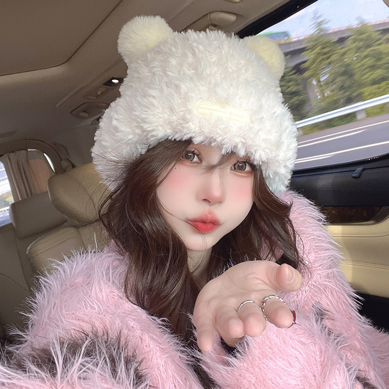 Winter cute bear plush hat fisherman female Net red same style wholesale winter warm earmuffs all-match knitted