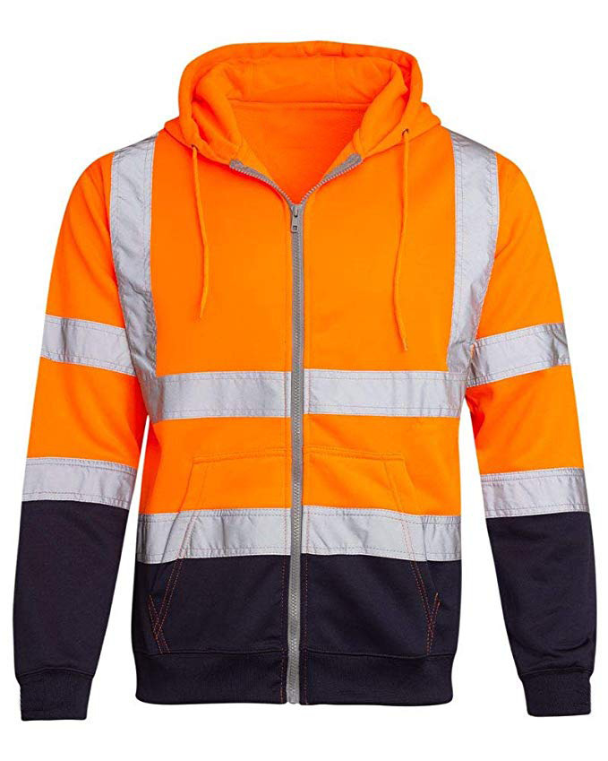 Men's Clothing reflective strip plus velvet sweatshirt outdoor sanitation work clothes zipper hooded color matching sweatshirt jacket_voghion.com