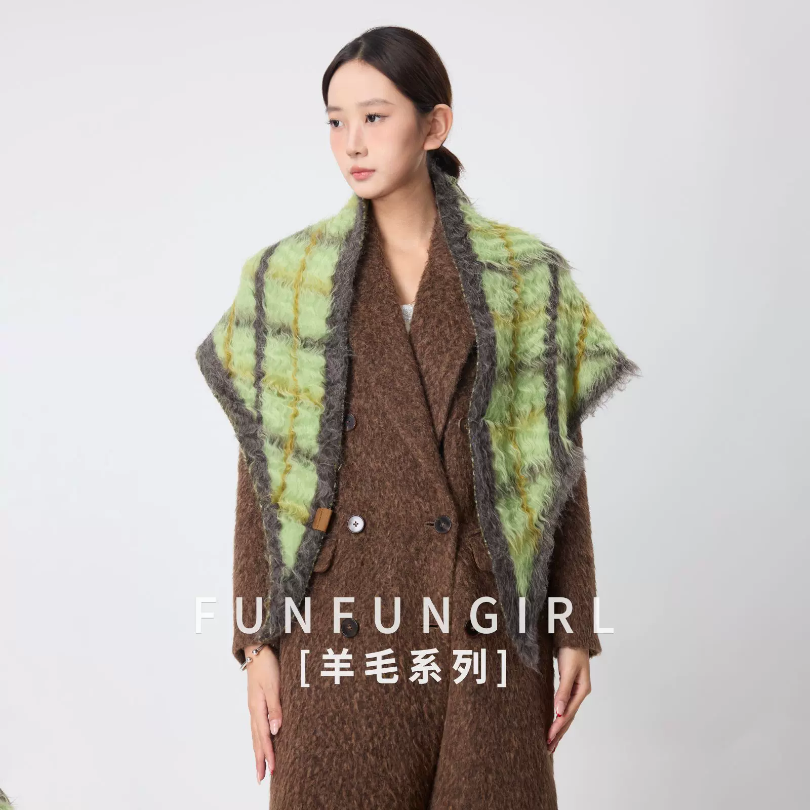 秋冬款棉羊毛格纹拉毛披肩保暖百搭围巾女款气质通勤围脖潮流斗篷