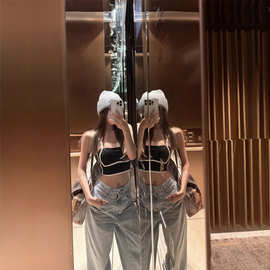 美式辣妹性感复古撞色线条吊带背心女镂空显瘦运动普拉提瑜伽美背
