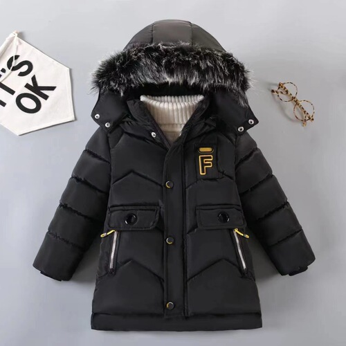Children's winter 2024 new cotton coat, middle and long length, suitable for small and medium children, Korean style, thickened and furred, with large fur collar.