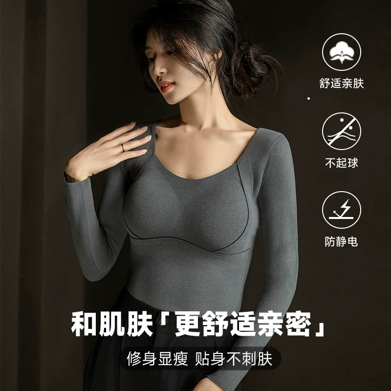Термобелье из графена для женщин, с длинными рукавами и встроенными подушечками для груди, модель 8866, осенне-зимний флисовый топ с длинными рукавами для многослойной одежды.