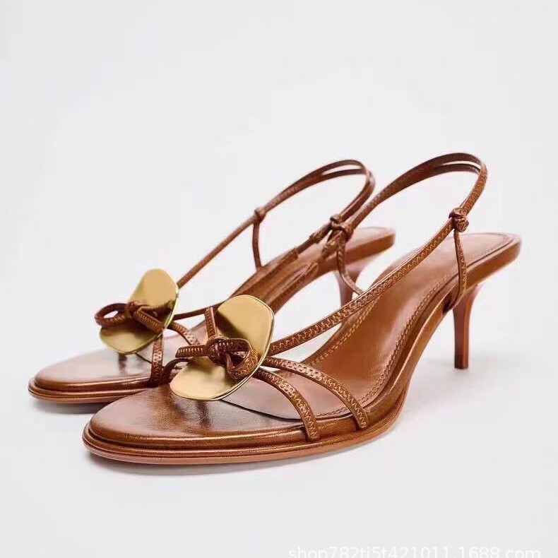 Za Autum 2025 New Women's Shoes Brown Metal Decorative Round Toe Back Strap Fashionable Stiletto Heels for Women