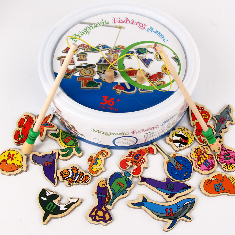 Bebé niños y niñas niños pequeños traje de pesca magnética agua jugando rompecabezas de madera pesca bloques de construcción juguete imán gancho de pescado