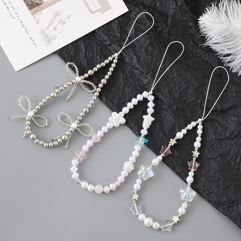 ins creative new pearl bow beaded mobile phone charm fashion all-match phone case strap pendant chain for women