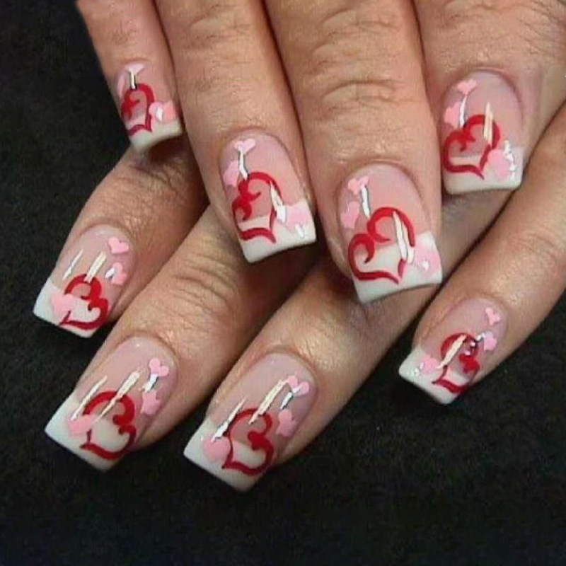 Valentine's Day White French Short Square Red Pink Color Dance Love Design Wearing Nail Art Patch Foreign Trade Nail Pressure Nail Valentine's Day White French Short Square Red Pink Color Dance Love Design Wearing Nail Art Patch Foreign Trade Nail Pressure Nail