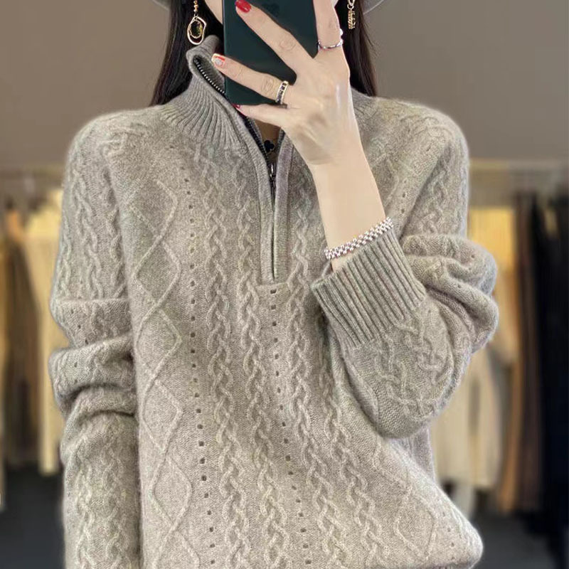 2025 New Autumn and Winter Imitation Wool Turtleneck Knitwear Cut Out Cable Zipper Loose Thickeneded Bottoming Shirt Top 2025 New Autumn and Winter Imitation Wool Turtleneck Knitwear Cut Out Cable Zipper Loose Thickeneded Bottoming Shirt Top