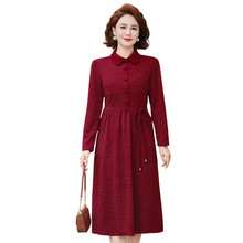 中老年妈妈长袖POLO领连衣裙女2026春秋新款妈妈婚宴礼服收腰裙子
