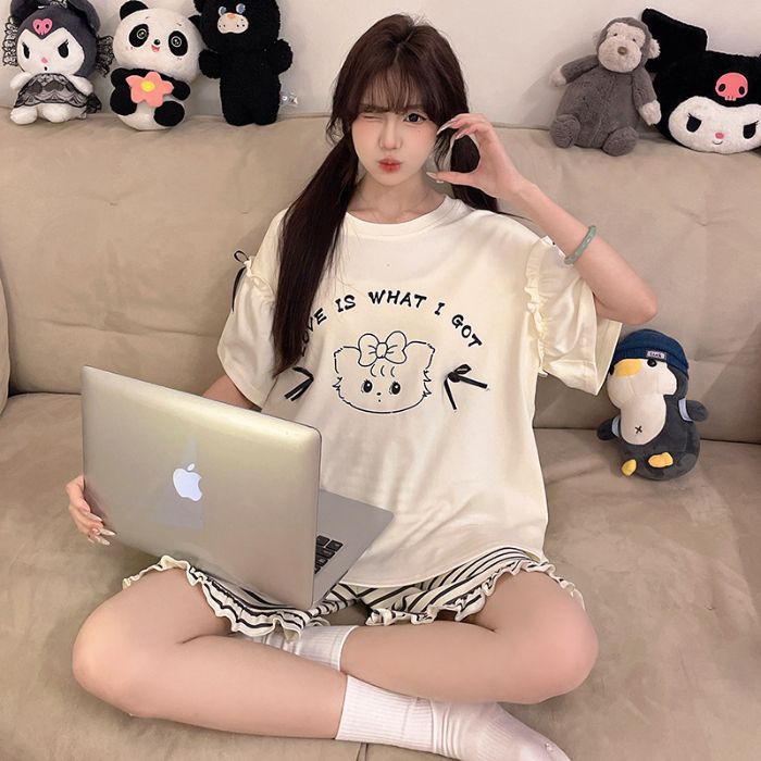Venta al por mayor transfronteriza nuevos pijamas mujeres verano imitación algodón jersey pantalones cortos de manga corta lindo cachorro traje de servicio a domicilio de dibujos animados