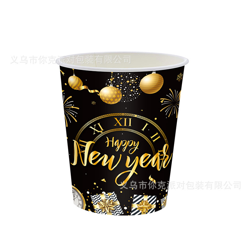New year黒金新年パーティー紙皿使い捨て紙コップティッシュテーブルクロス祝日食器パーティー皿|undefined