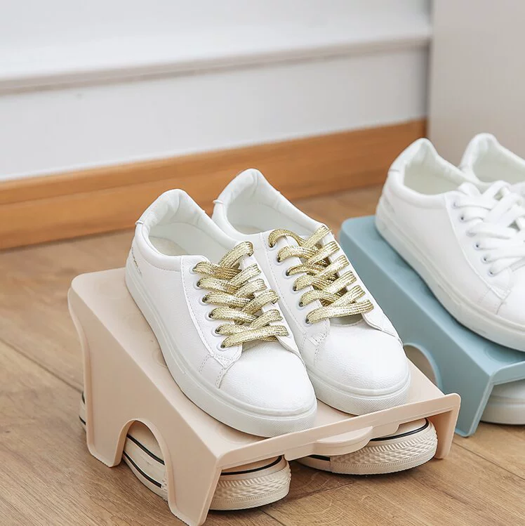Double-layer plastic shoe rack, space-saving, easy-assembly, available in blue, khaki, gray, orange