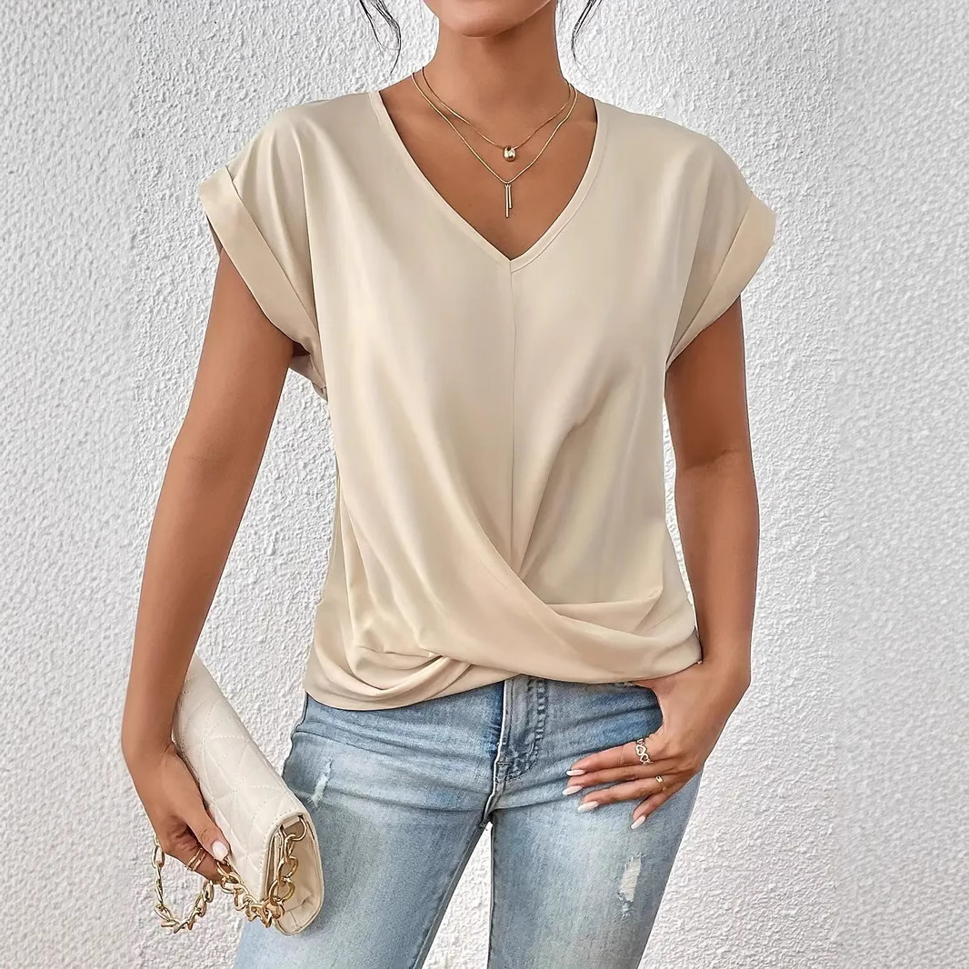 Women's Clothing Elegant V Neck T-Shirt Solid Color Short Sleeve Top For Spring And Summer Hot Selling_ecoleips.com