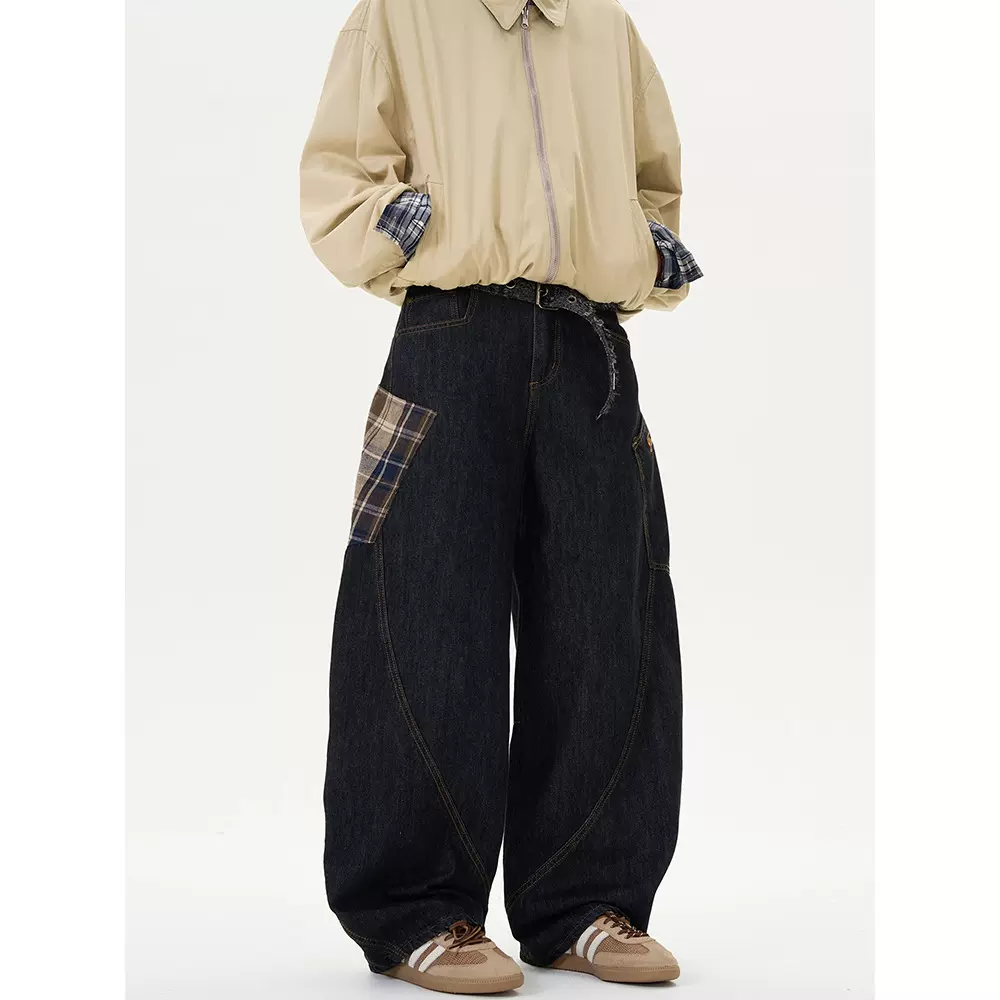 美式小众设计感拼接格子弯刀牛仔裤男春秋季新款宽松复古休闲裤子