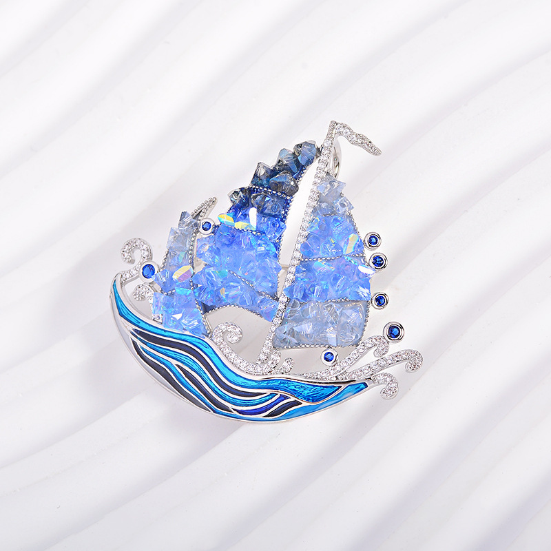 High-End Luxury Crystal Brooch, Smooth Sailing Sailboat Brooch, Enamel Clothing Accessories Wholesale