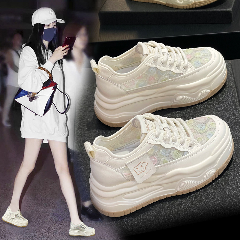 Trendy Dad For 8CM Small Size 2025 Summer New Breathable Embroidered White Shoes Women Height Increasing Sneakers_voghion.com