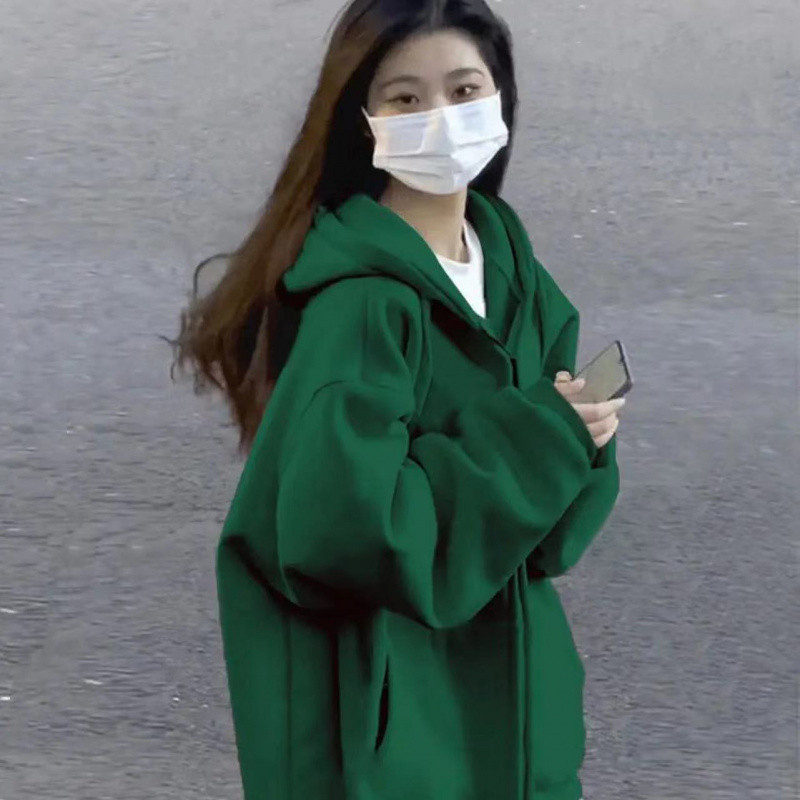 超显白纯色连帽卫衣女秋冬季加绒加厚宽松慵懒ins风拉链开衫外穿|undefined