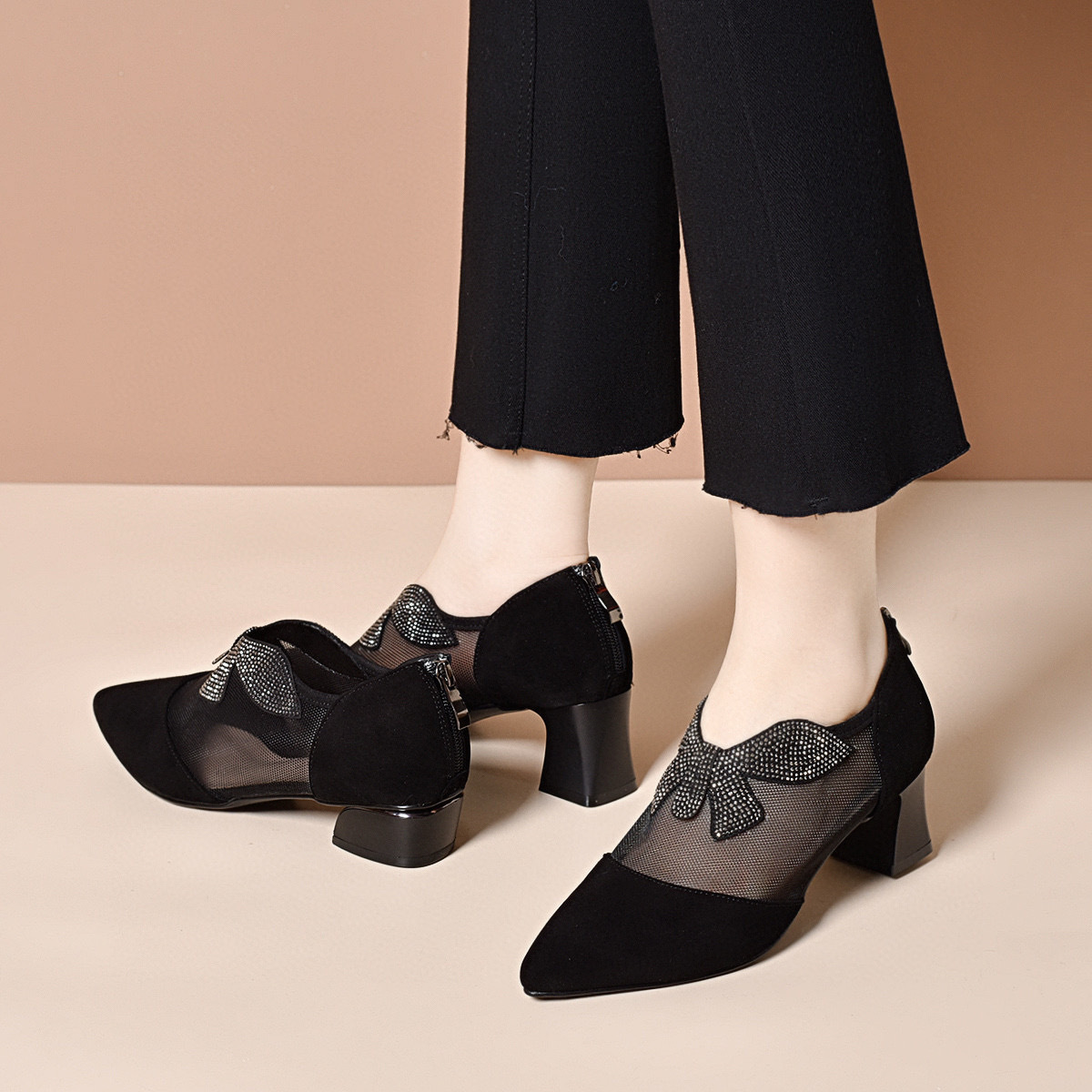 Giày sandal nữ mũi nhọn da thật lưới đính đá gót vuông 3 cm thoáng khí — Đen--3CM chi tiết 7