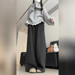 黑灰色格子裤子女春秋2025新款直筒高腰显瘦居家睡裤休闲阔腿裤潮