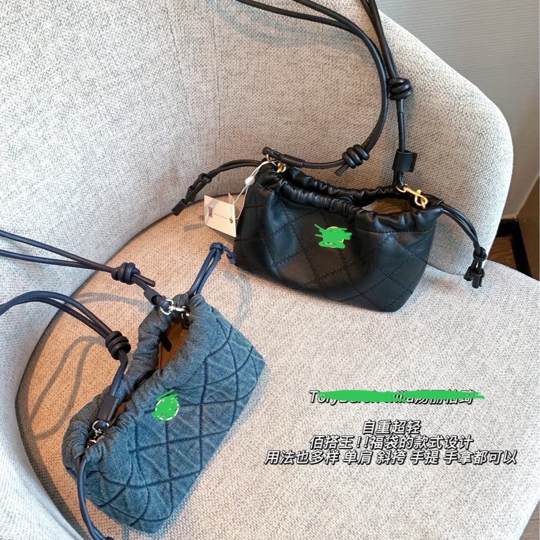 新款 tory*b高级感tb菱格链条包爆款流行单肩斜挎水桶包羊皮/牛仔