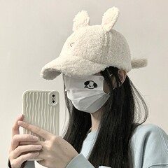 棒球帽子女2025新款秋冬季毛茸茸保暖可爱羊羔毛绒小兔耳朵鸭舌帽