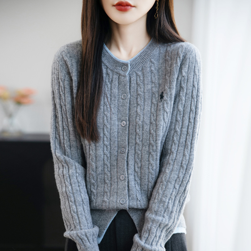 气质新款针织开衫女圆领羊毛针织假两件外套修身麻花刺绣针织毛衣|undefined