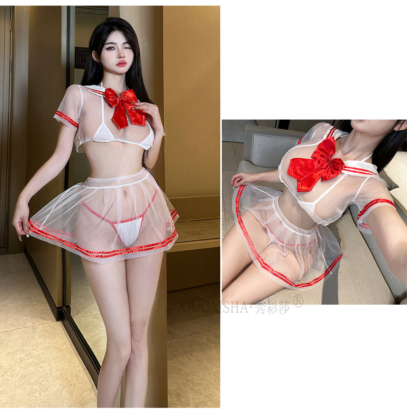 See-Through JK-Style Sailor Role-Play Pajama Set, Two-Piece Ultra-Short Skirt, Black One Size — detail image 15