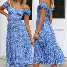 2025亚马逊速卖通印花一字肩性感印花连衣裙夏季连衣裙