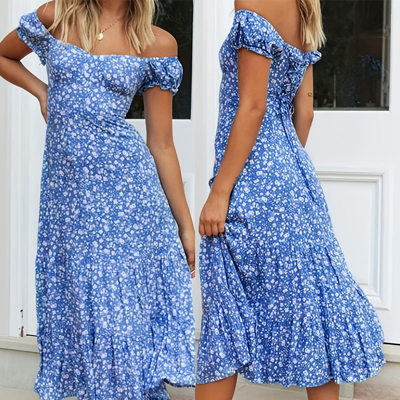 2025亚马逊速卖通印花一字肩性感印花连衣裙夏季连衣裙