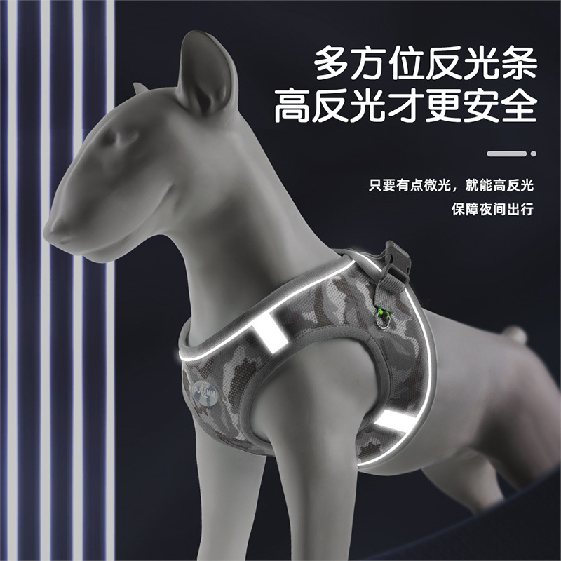 Inventario nuevo cinturón de pecho de perro reflectante transpirable para caminar cuerda de camuflaje de tres piezas conjunto de cuerda de tracción de perro al por mayor