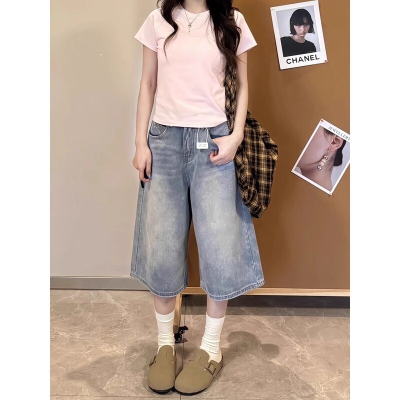 Retro Three-Quarter Denim Shorts for Women, New Summer Style, Plus Size, Loose Fit, Wide-Leg, Slimming, Casual Straight Mid-Length Pants