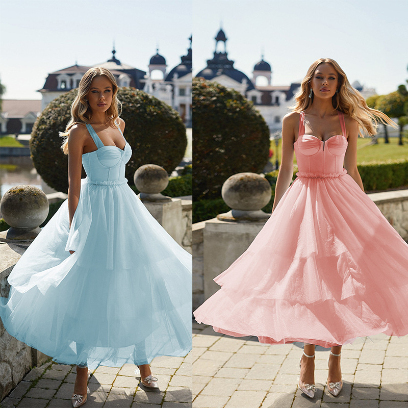 Mujeres de comercio exterior europeo y americano nueva correa vestido de novia Amazon sexy malla boda dama de honor vestido con el pecho de algodón