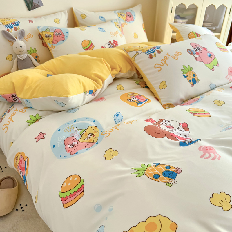 2025 New Four-Piece Bed Set, Quilt Cover, Bed Sheets, Cartoon Style Dormitory Bed Sheets, Three-Piece Set, Cloud Cotton Four-Season Bedding