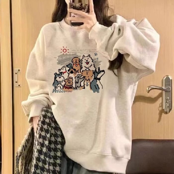 Cotton White Gray Round Neck Long-Sleeved Sweatshirt for Women Autumn and Winter Plus Silver Fox Velvet Thickened Pullover Top