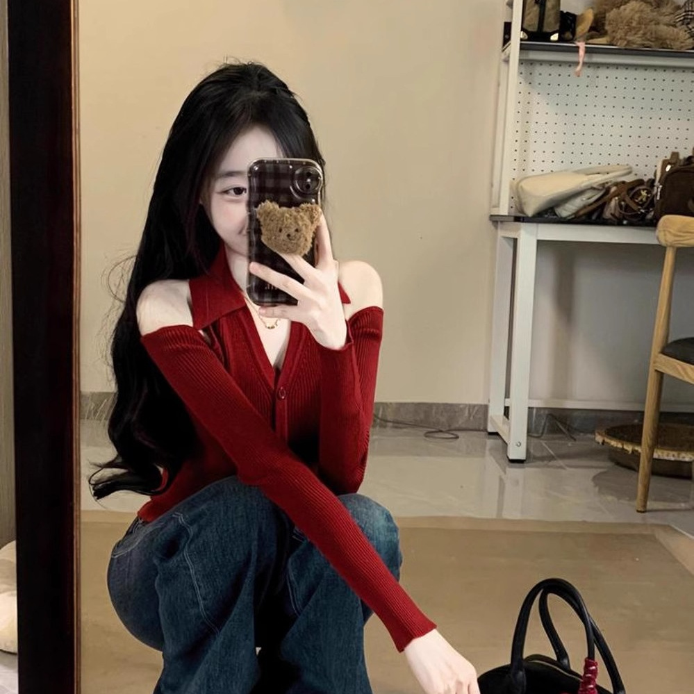 Lapel Shoulder Slimming Long-sleeved Sweater Women's 2024 Winter New Red Fashionable All-match Slim-fit Niche Top