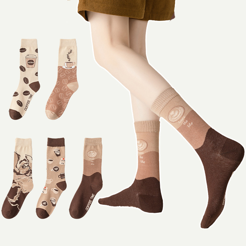 Four Seasons Autumn and Winter New Mid-tube Socks Women's Personalized Cartoon Letter Coffee Socks Comfortable Casual Home Fashion Trendy