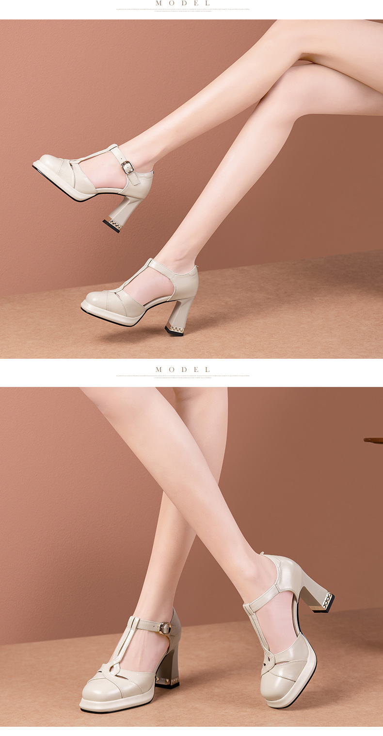 Giày sandal cao gót nữ bít mũi khóa chữ T phong cách retro, gót 8 cm — Màu đen chi tiết 5