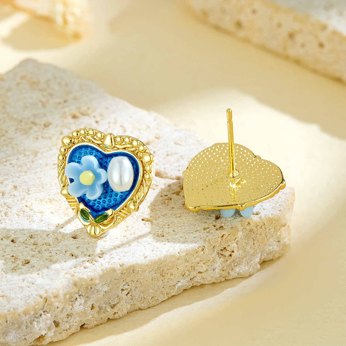 Pintura al óleo retro literaria, estilo melocotón, flor de corazón, pendientes de perlas, lujo ligero femenino, elegante, tendencia de moda exquisita, pendientes de todo fósforo
