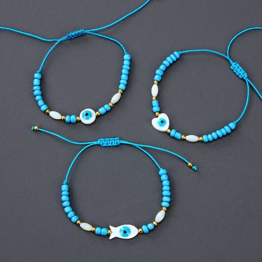 Turkish Blue Evil Eye Shell Bracelet Women's Braided Oil Drop Shell Evil Eye Rice Bead Jewelry Bracelet