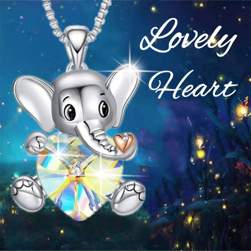 Sweet Heart Shape Elephant Alloy Rhinestone Inlaid Crystal Pendant Necklace 1 Piece