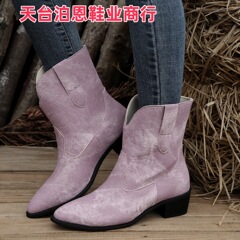 2025欧美时尚秋冬新款现货中跟女式皮靴外贸尖头大码西部牛仔女靴