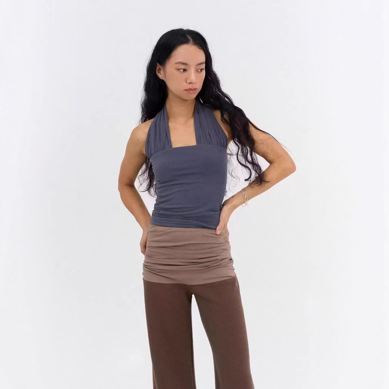Yoga Fitness Korean Mom.Seoul Same Style Cotton Pleated Comfortable Halter Neck Elastic Fashion Tank Top for Women