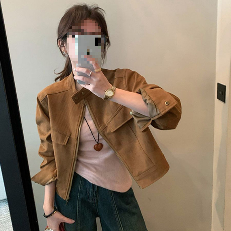 Suede Jacket Women's Short Style Petite 2025 Early Autumn New Retro Brown Deerskin Motorcycle Leather Jacket