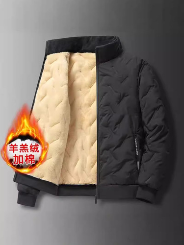 Men's winter coat, quilted and warm, windproof and thick, lamb wool and cotton padded jacket, loose and versatile, plus-size cotton puffer jacket, warm and cozy cotton coat.