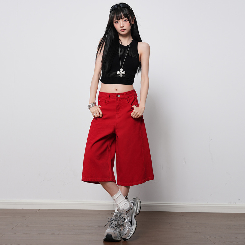 Childish Orange # Bright Red High-Waisted Wide-Leg Jeans for Women, Loose Fit, Slimming, Casual, Versatile, Straight-Leg, Cropped Pants, Trendy. Childish Orange # Bright Red High-Waisted Wide-Leg Jeans for Women, Loose Fit, Slimming, Casual, Versatile, Straight-Leg, Cropped Pants, Trendy.