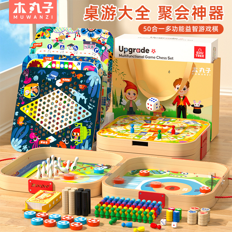 Wooden Checkers, Flying Chess, Backgammon, 50-In-One Multi-Functional Chessboard Board Game, Kidsren's Birthday Gift Toy