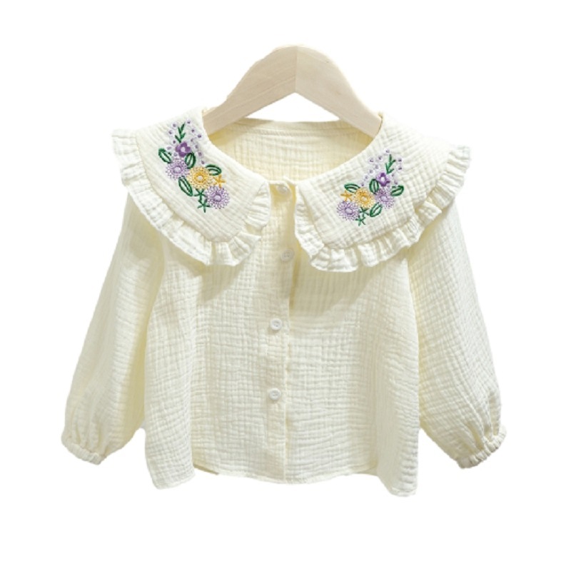 Camisa para niñas 2022 Primavera y otoño Nuevo estilo coreano solapa cuello redondo color sólido bordado color sólido estilo occidental manga larga camisa para niños