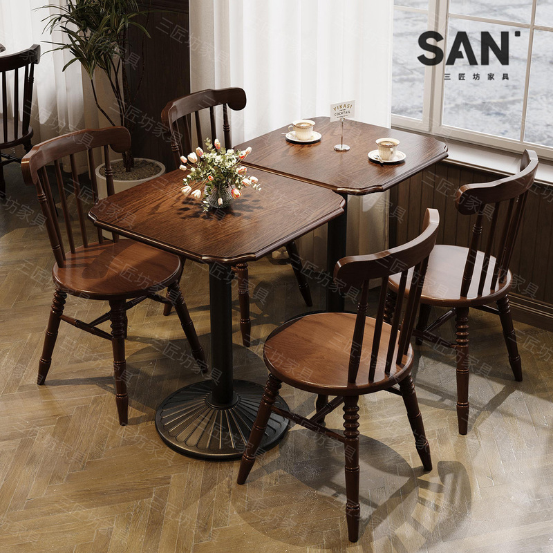 French-style Western restaurant solid wood dining table and chair set, commercial dessert and bakery shop dining table, vintage coffee shop restaurant table and chairs French-style Western restaurant solid wood dining table and chair set, commercial dessert and bakery shop dining table, vintage coffee shop restaurant table and chairs