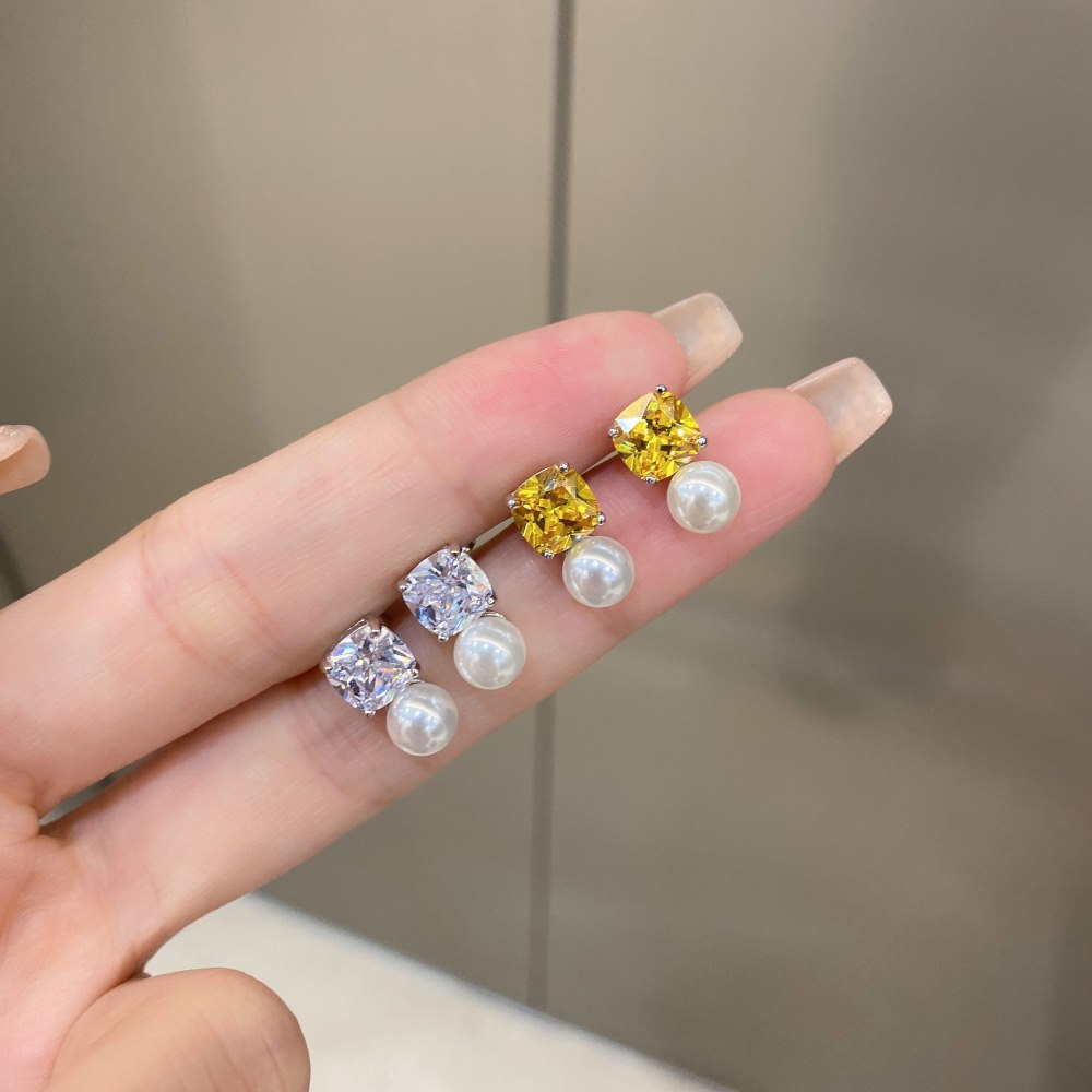 Elegant Square Sterling Silver Plating Artificial Pearls Zircon Ear Studs 1 Pair