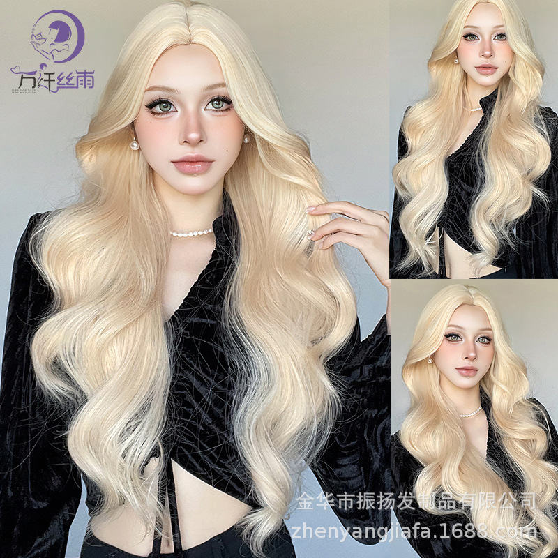 Cross-Border Wig for Women with White Gold Long Curly Hair, Fashionable Popular Golden Big Wavy Long Curly Hair, Full Headgear Wig