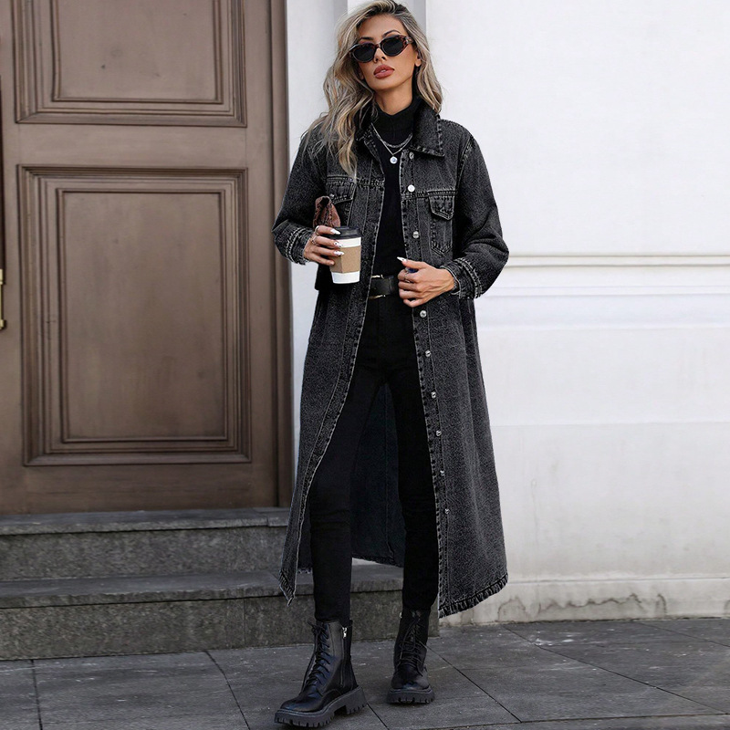 Elegant Long Denim Coat For Women, Mid Blue And Black Trench Style Jacket, Versatile Career Outerwear For Fall_ecoleips.com